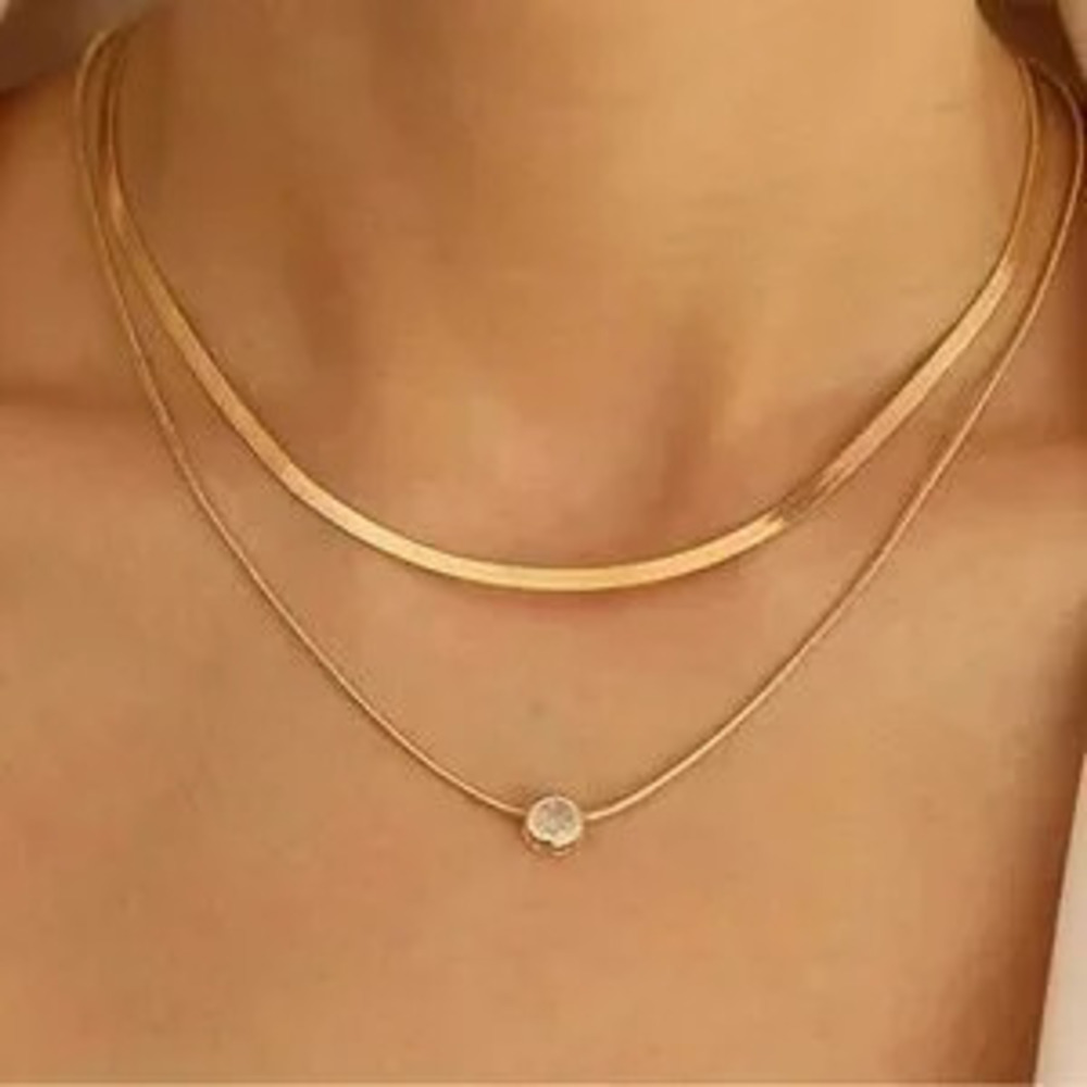 14K Gold Plated 2pc Herringbone CZ Necklace Set